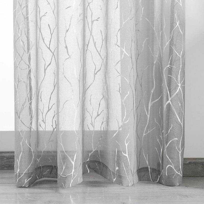 Kotile Silver Sheer Curtains with Tree Pattern - Metallic Silver Branch Artistic Design Grommet Sheer Curtains 84 Inch Long Light Filter Privacy Voile Drapes, 52 x 84 Inch, 2 Panels, Gray - Image 4